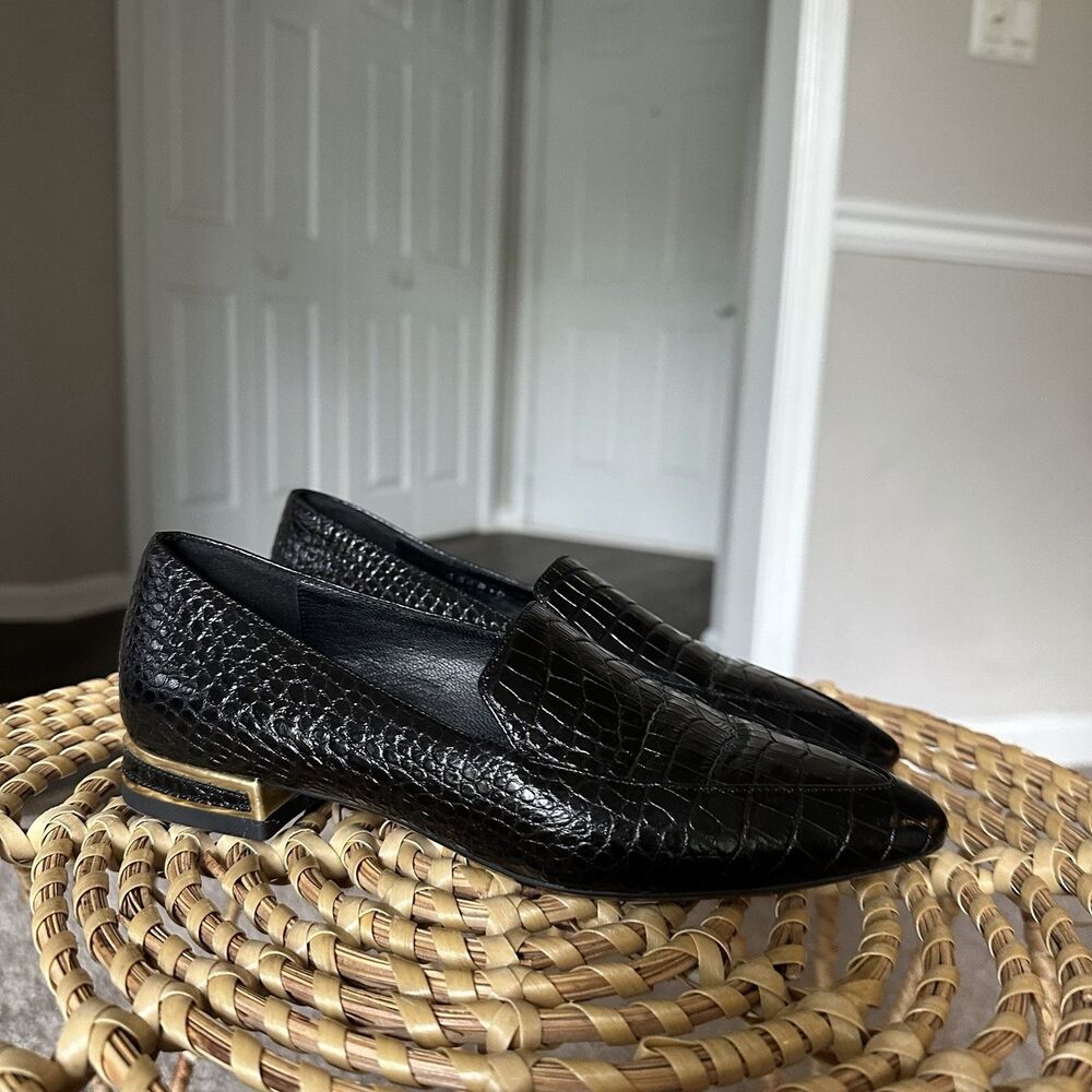 Aquatalia Women’s Loafer Perci Gold Black Crocodile Embossed Leather Size 5 $350 - Picture 5 of 14